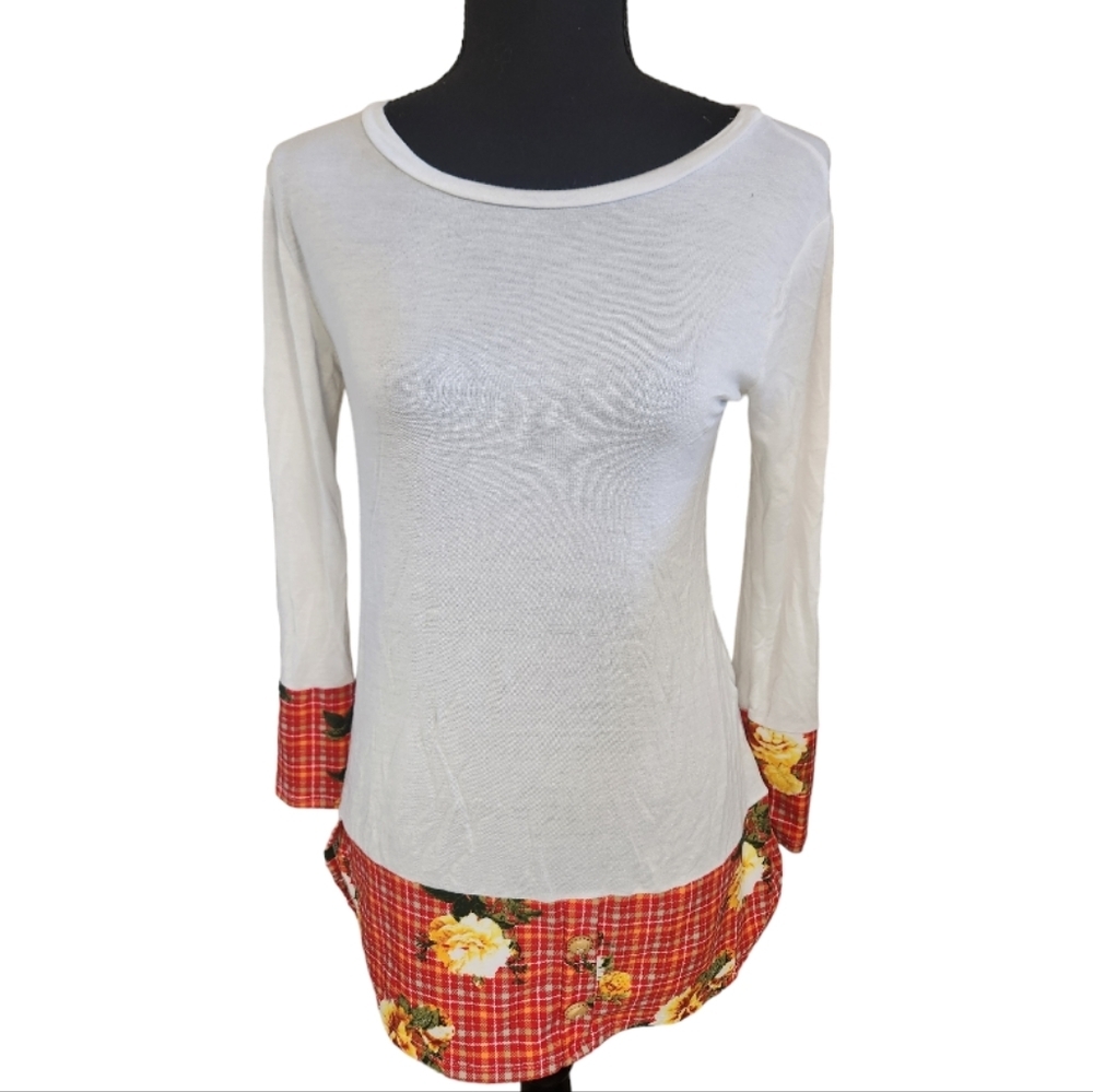 CELESTE long sleeve tee shirt wide contrasting plaid hem cuffs white sz Small